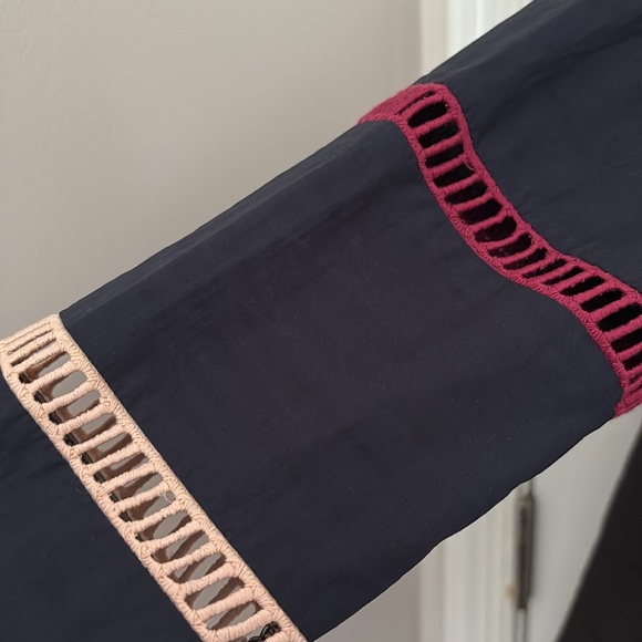 English Factory A Line Dress Cotton Mini Stripe Lattice Cutout Detail Navy Sz S - Picture 11 of 14